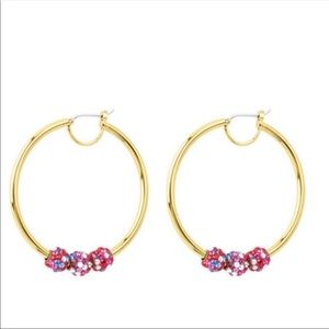 RARE Henri Bendel Rocks Hoop Earrings, Swarovski Crystals Gold Pink Blue Red